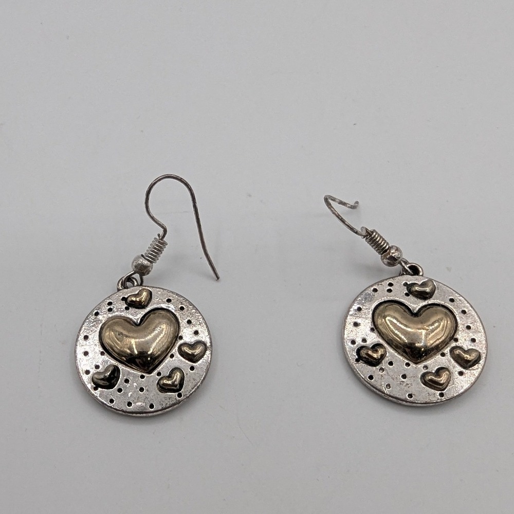 Vintage Two Tone Heart Drop Earrings Silver Gold Mixed Metal Puffed Hearts Round